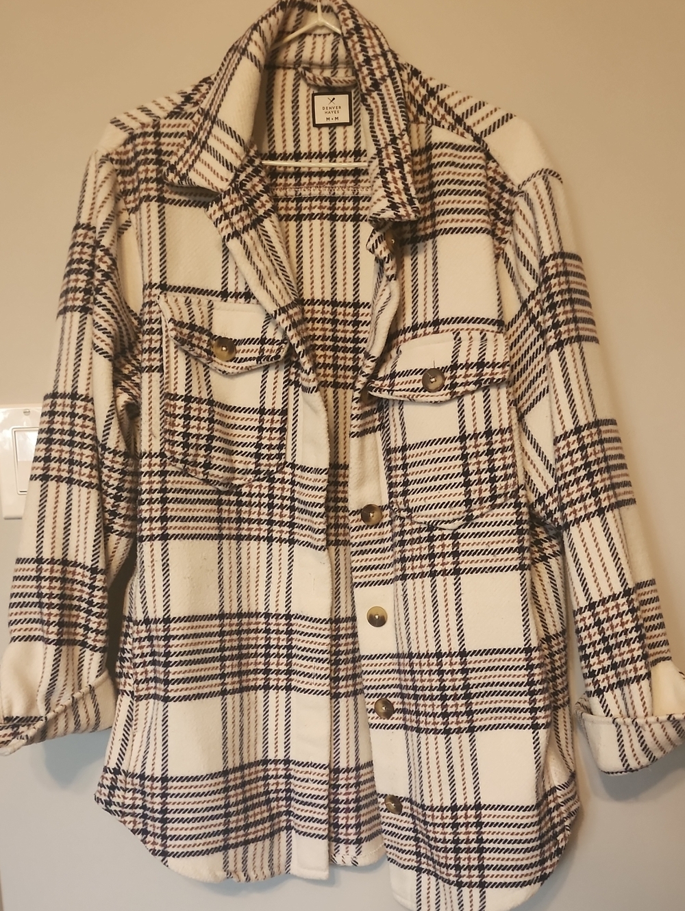 Denver Hayes Cream Plaid Utility Shacket with Navy & Brown Checks